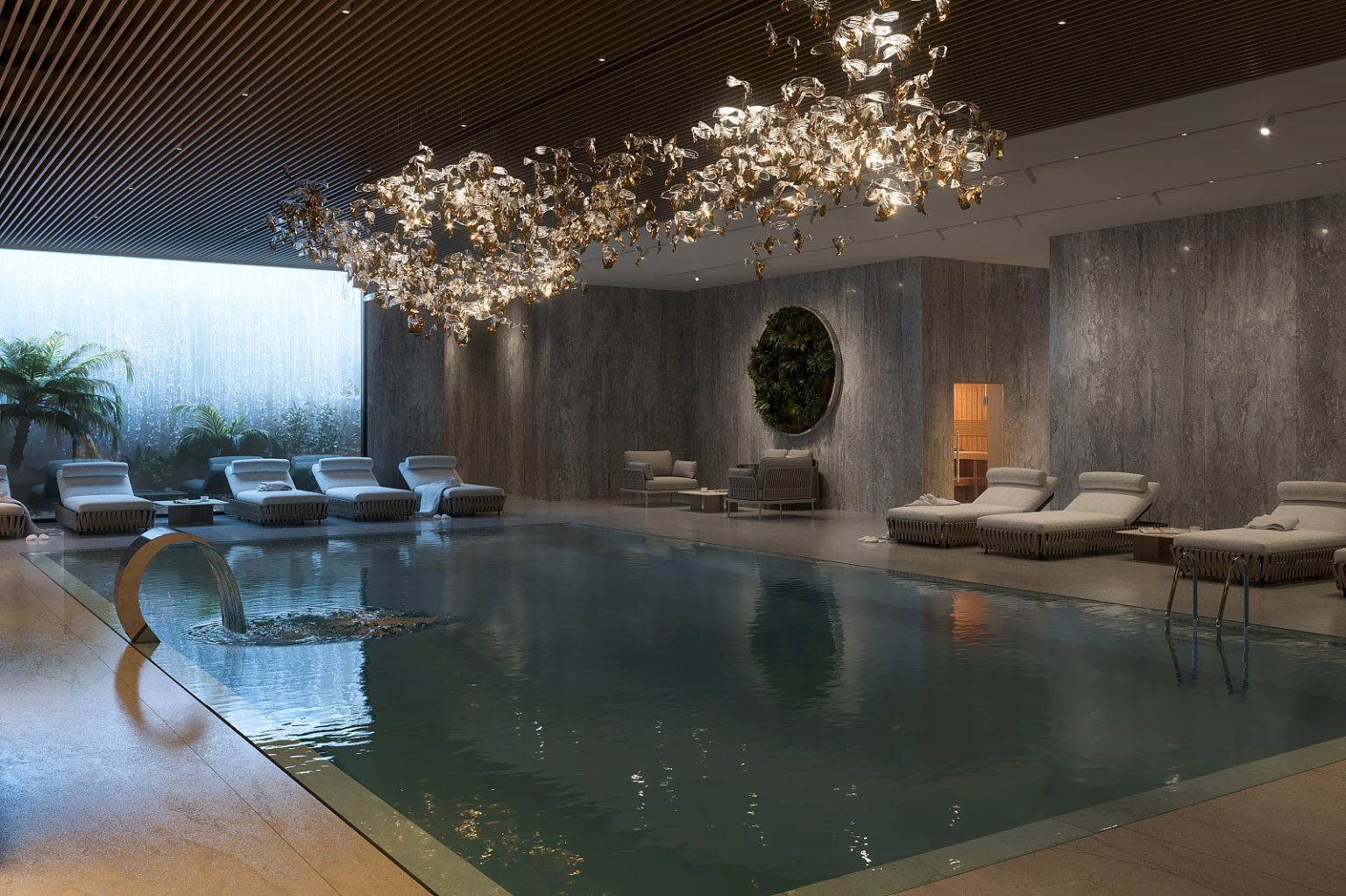 basen wewnętrzny z leżakami